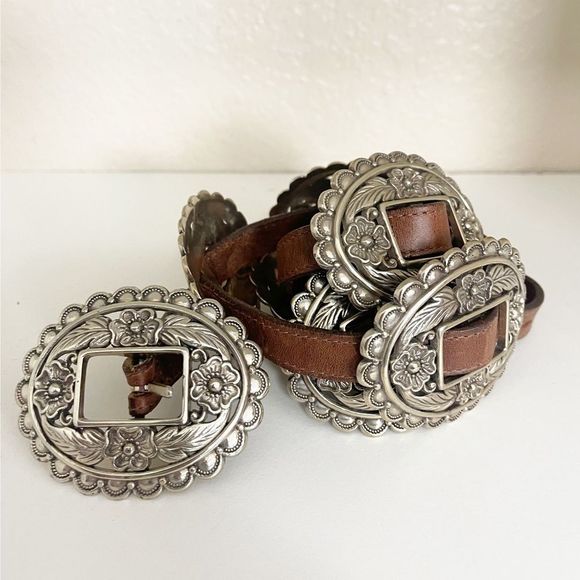 Accessories - Vintage Native Concho brown leather belt with large silver buckles.